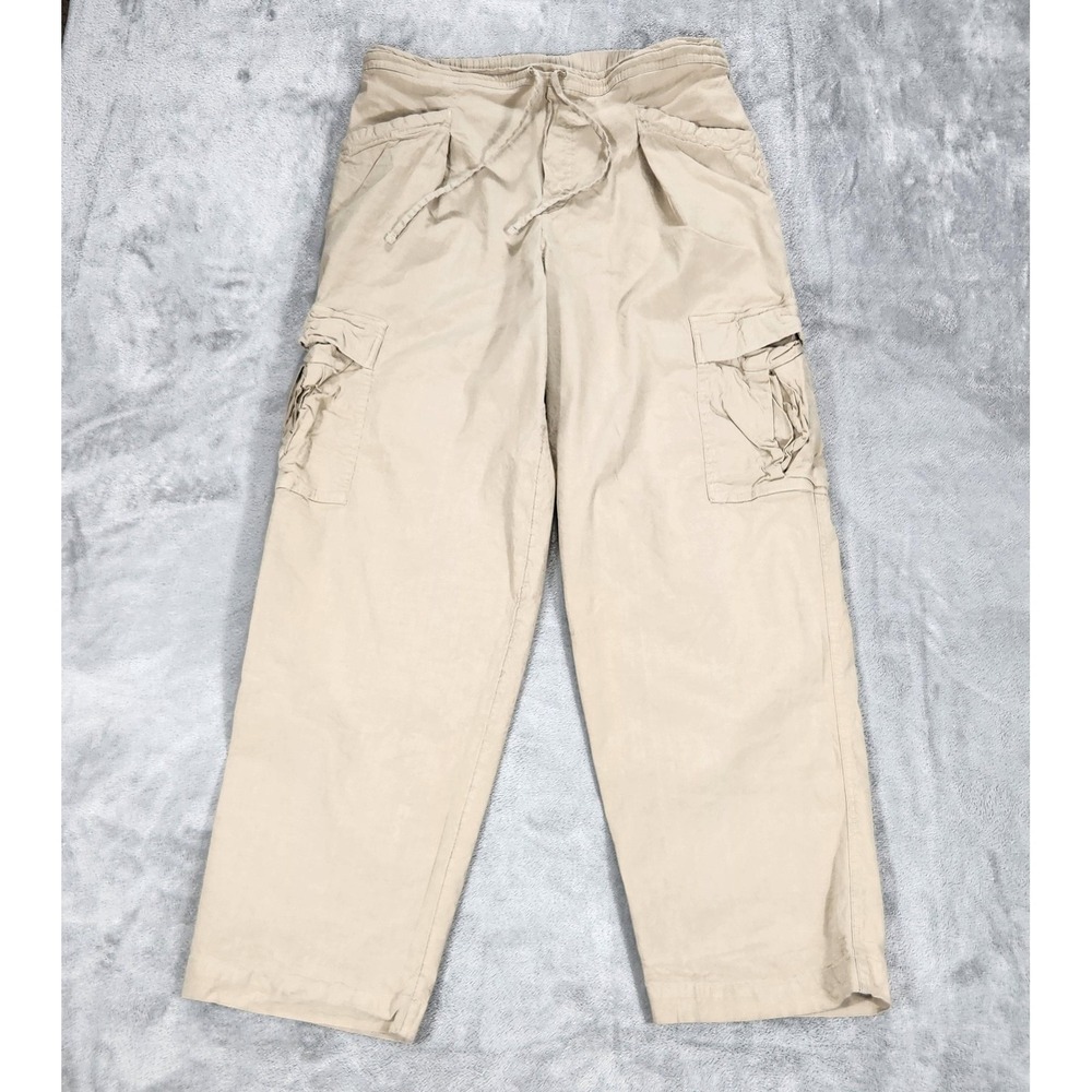 Athleta Linen Blend Cargo Pants Womens M Beige Elastic Waist Drawstring Travel